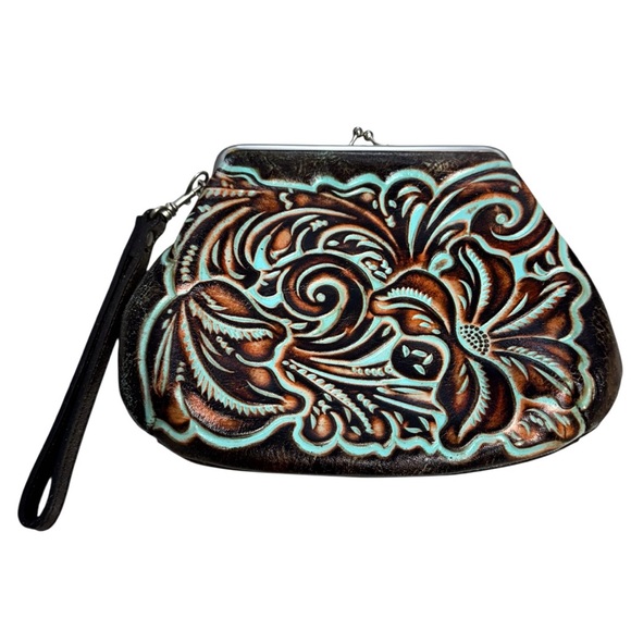Patricia Nash Handbags - Patricia Nash Tooled Turquoise Blue Savana Elegant Floral Embossed Clutch